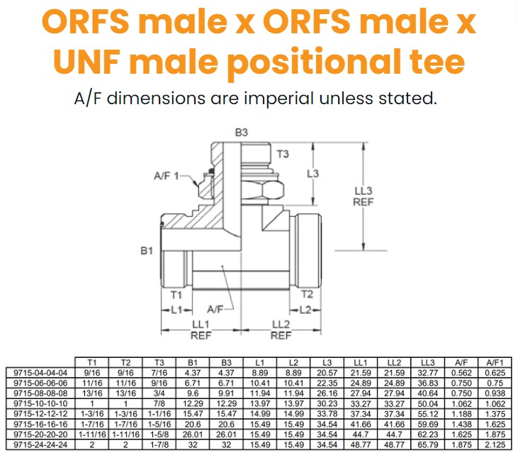 9/16 Orfs x 9/16 Orfs x 7/16 UNF M/M/M TEE Positional On Branch Hydraulic Adaptor